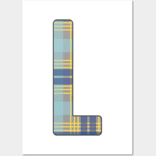 Monogram Letter L, Blue, Yellow and Grey Scottish Tartan Style Typography Design Posters and Art